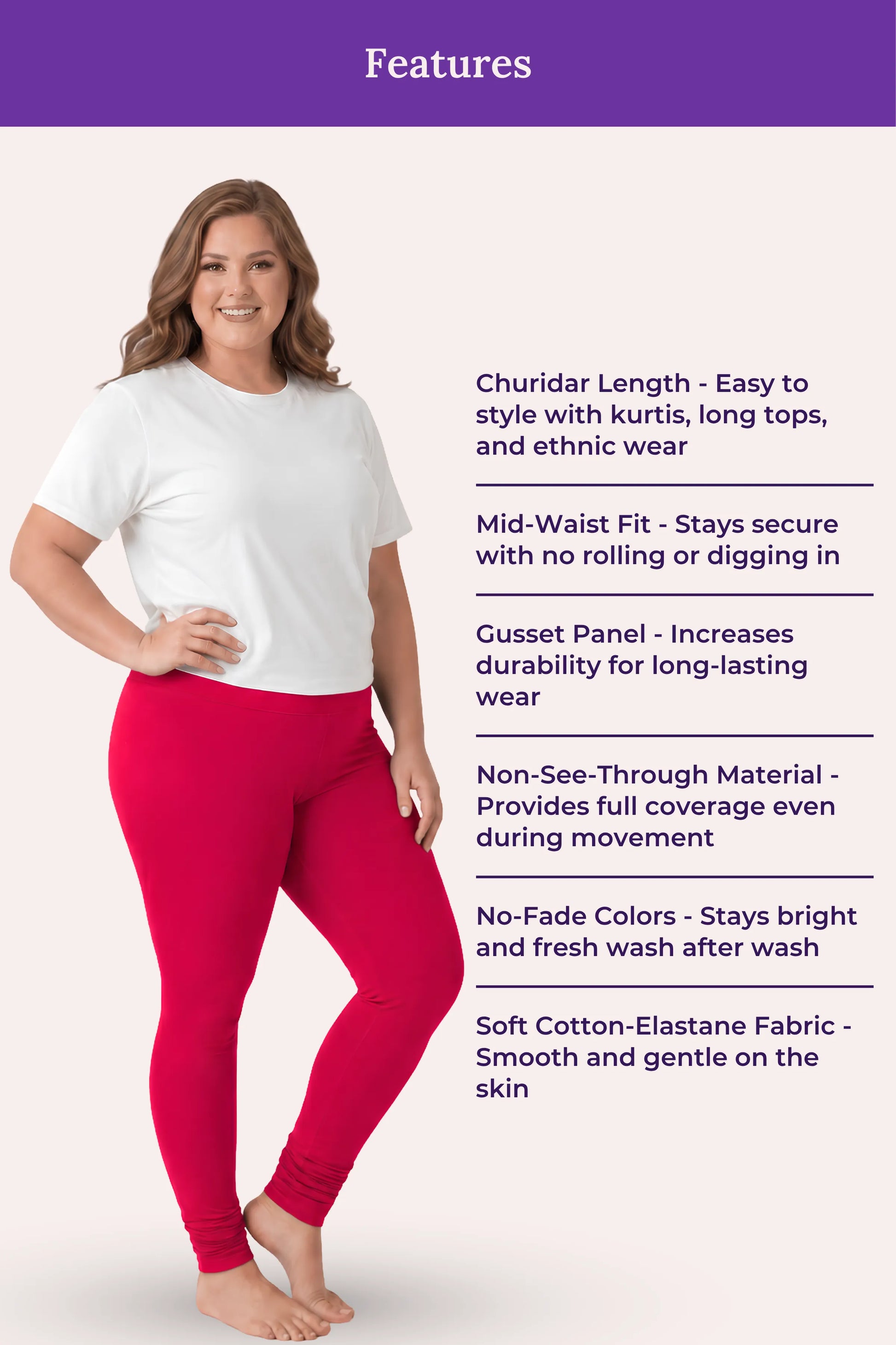 A woman modeling dark pink churidar leggings with a white t-shirt, standing against a pale pink background with a purple header that reads 'Features' and lists product benefits.