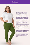 A woman modeling green churidar leggings with a white t-shirt, shown against a light pink background with a purple 'Features' banner and text listing product benefits.