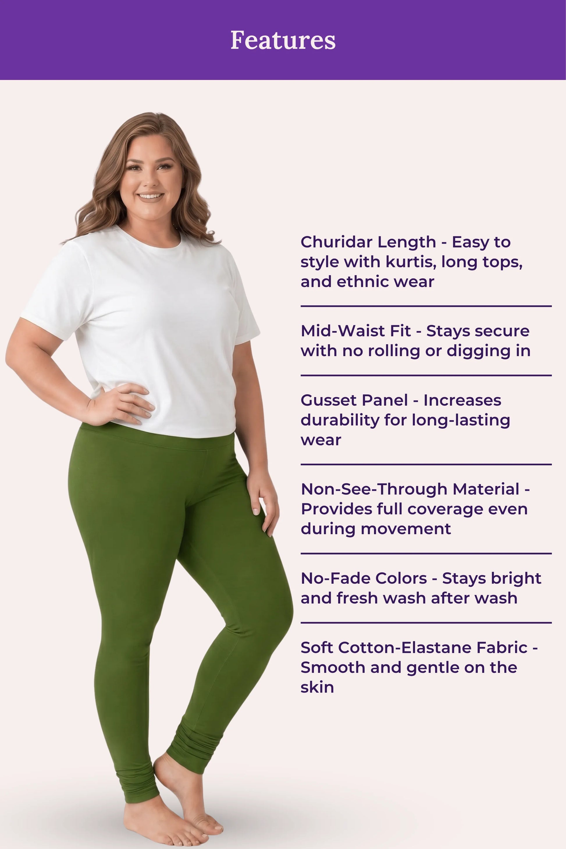 A woman modeling green churidar leggings with a white t-shirt, shown against a light pink background with a purple 'Features' banner and text listing product benefits.