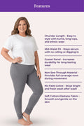 A woman modeling grey churidar leggings with a white t-shirt, standing against a pale pink background with a purple 'Features' banner and text listing product benefits.