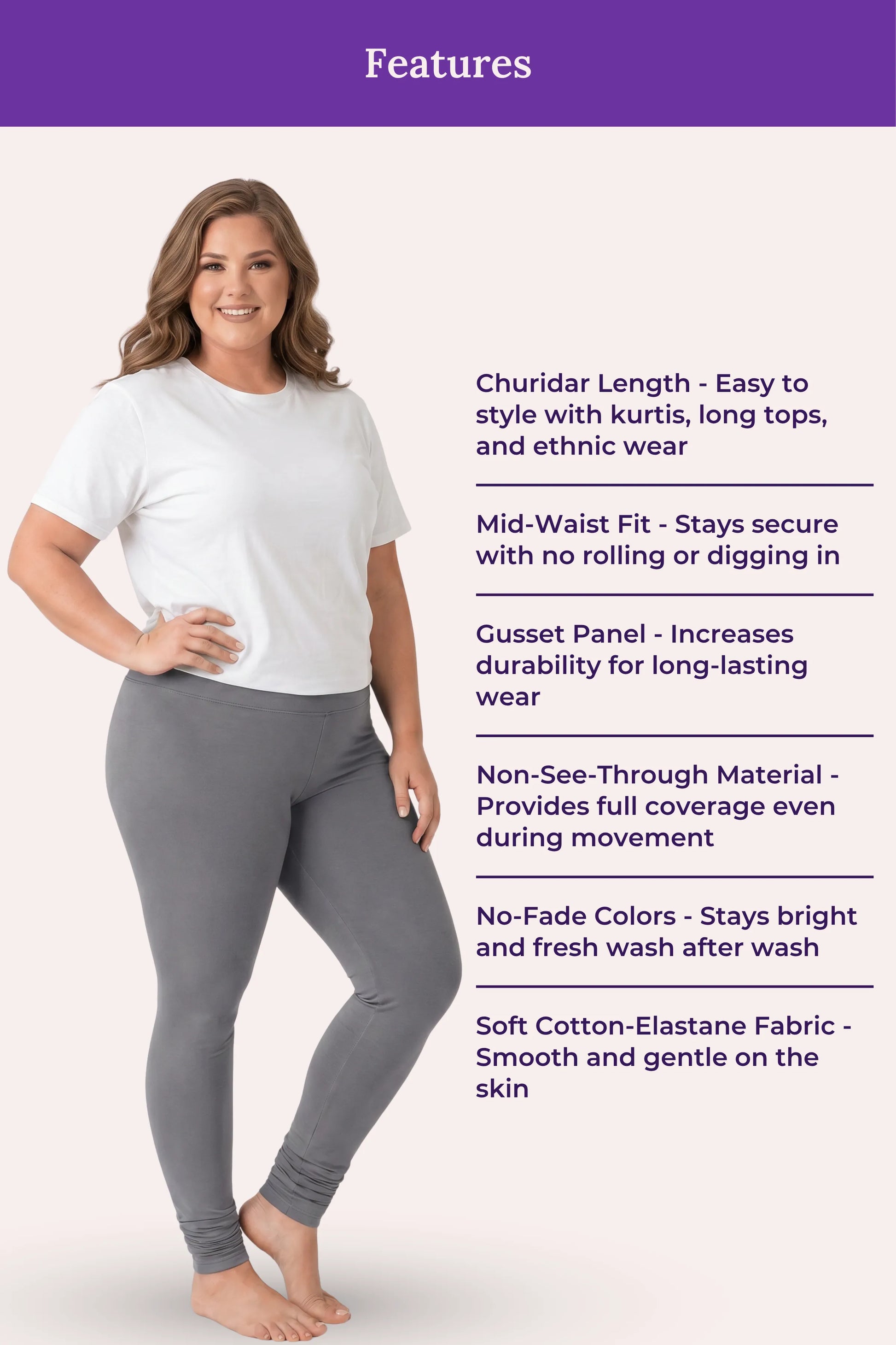 A woman modeling grey churidar leggings with a white t-shirt, standing against a pale pink background with a purple 'Features' banner and text listing product benefits.
