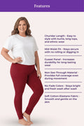 A woman modeling churidar leggings with a white t-shirt, standing against a light pink background with a purple 'Features' banner and text listing product benefits.