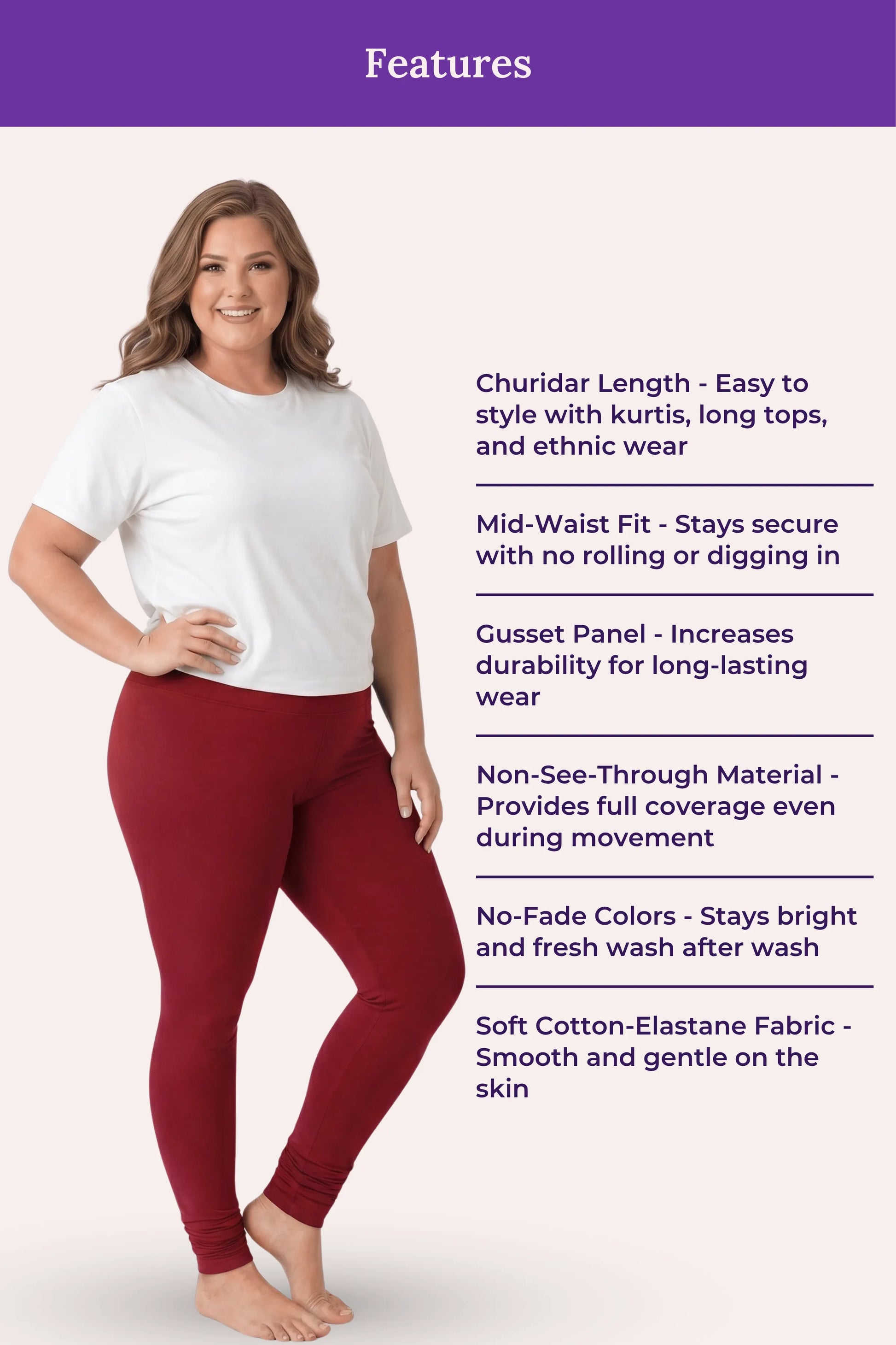 A woman modeling churidar leggings with a white t-shirt, standing against a light pink background with a purple 'Features' banner and text listing product benefits.
