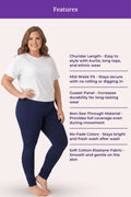 A woman modeling navy blue churidar leggings with a white t-shirt, standing against a light pink background with a purple 'Features' banner and text listing product benefits.