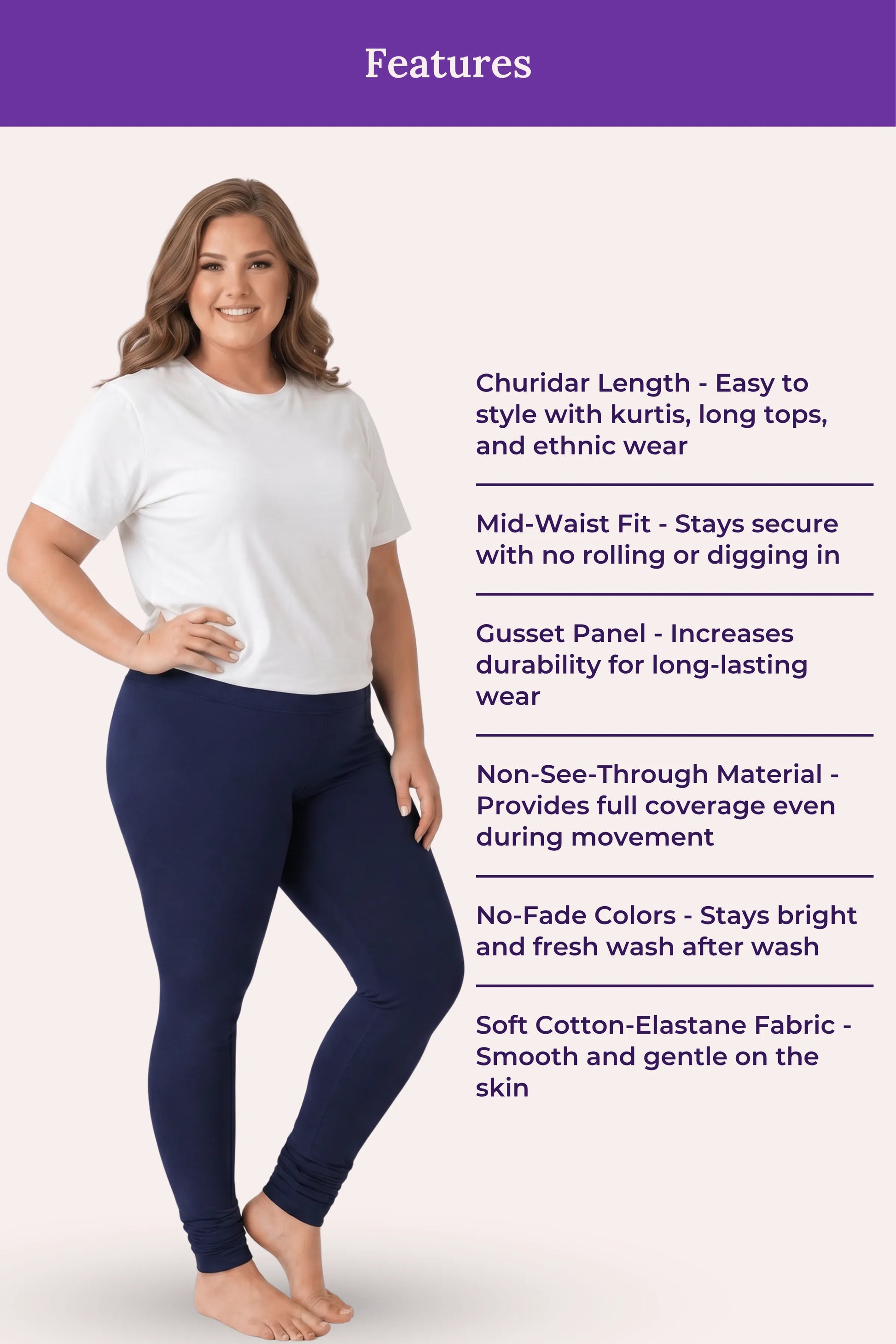 A woman modeling navy blue churidar leggings with a white t-shirt, standing against a light pink background with a purple 'Features' banner and text listing product benefits.