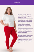 A woman modeling red churidar leggings with a white t-shirt, standing against a pale pink background with a purple 'Features' banner and text listing product benefits.