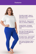 A woman modeling bright royal blue churidar leggings with a white t-shirt, set against a light pink background with a purple 'Features' banner and text detailing the leggings' benefits.