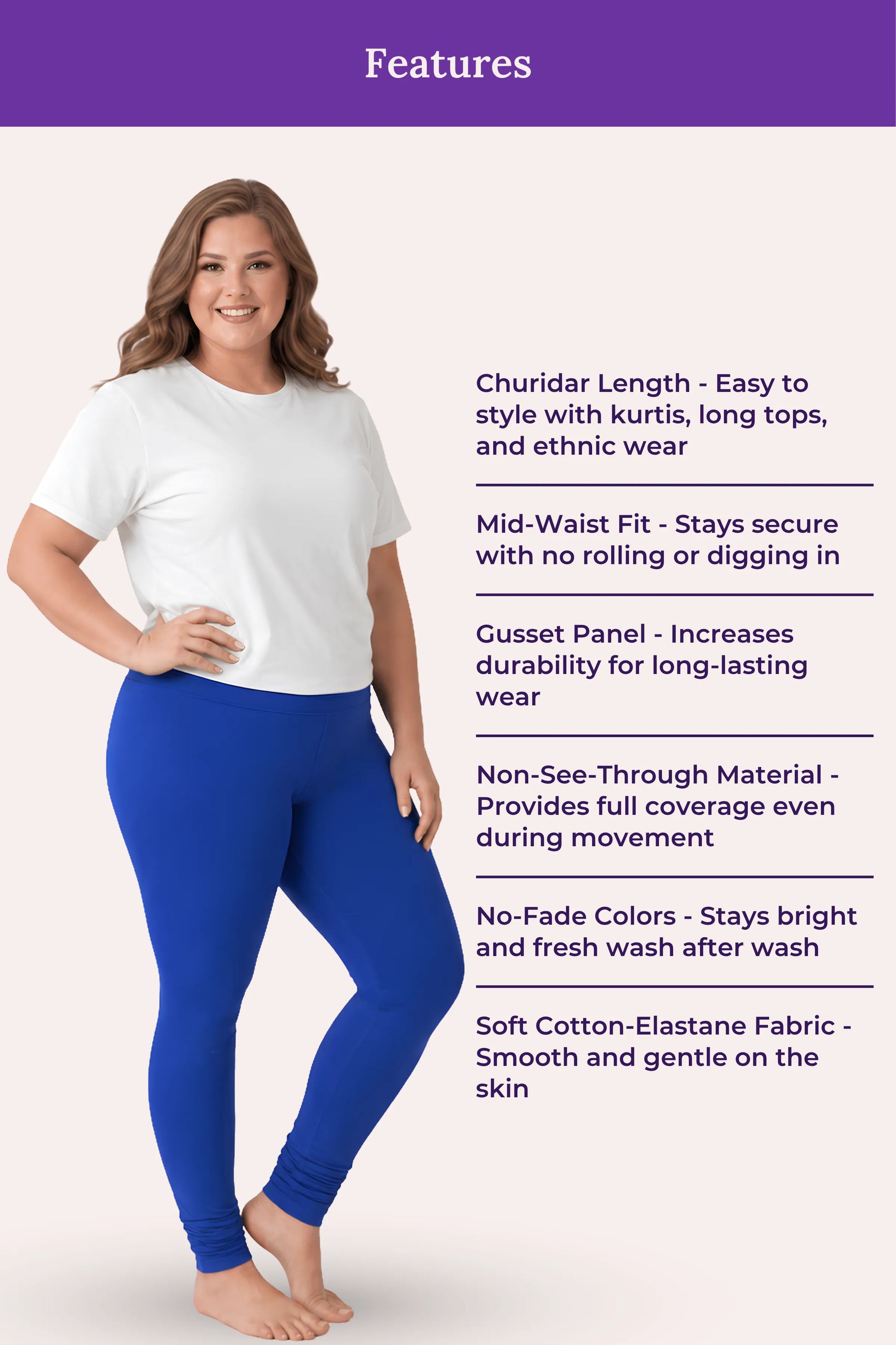 A woman modeling bright royal blue churidar leggings with a white t-shirt, set against a light pink background with a purple 'Features' banner and text detailing the leggings' benefits.