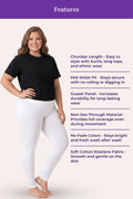 A woman modeling white leggings with a black top, alongside a 'Features' text panel describing the leggings' length, fit, gusset panel, transparency, color stability, and fabric.
