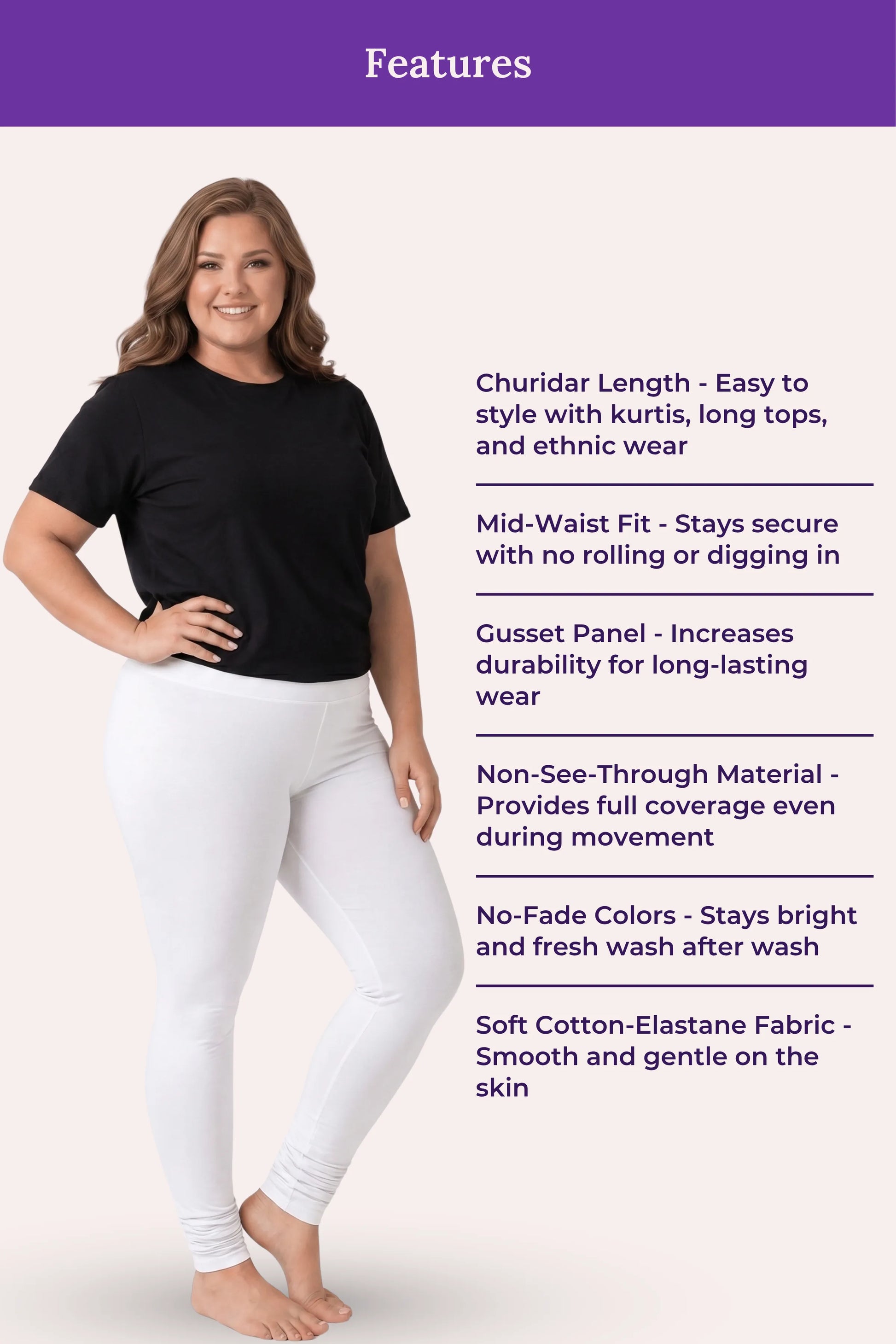A woman modeling white leggings with a black top, alongside a 'Features' text panel describing the leggings' length, fit, gusset panel, transparency, color stability, and fabric.