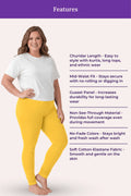 A woman modeling yellow churidar leggings with a white t-shirt, standing against a pale pink background with a purple 'Features' banner and text listing product benefits.