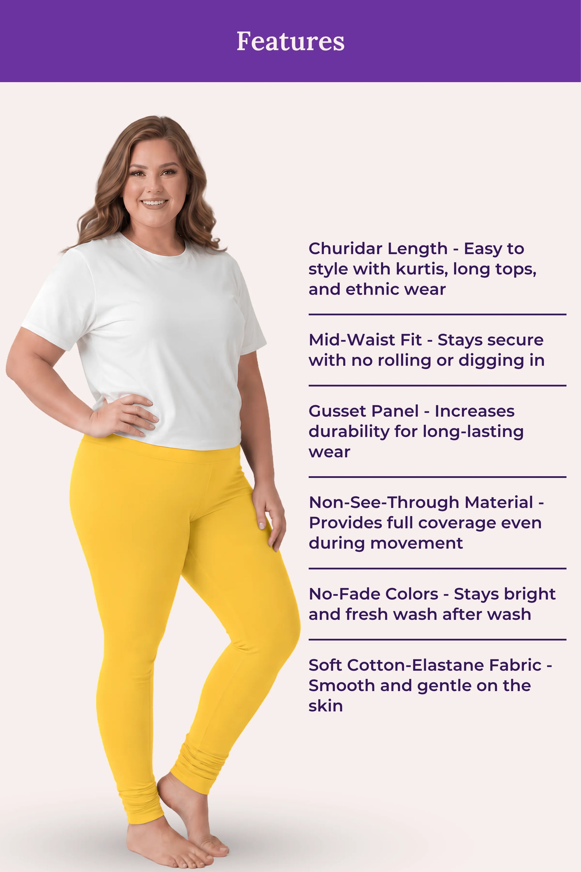 A woman modeling yellow churidar leggings with a white t-shirt, standing against a pale pink background with a purple 'Features' banner and text listing product benefits.