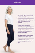 A woman modeling navy blue leggings with a white t-shirt, shown against a pale pink background with a purple header that reads 'Features' and lists product benefits.
