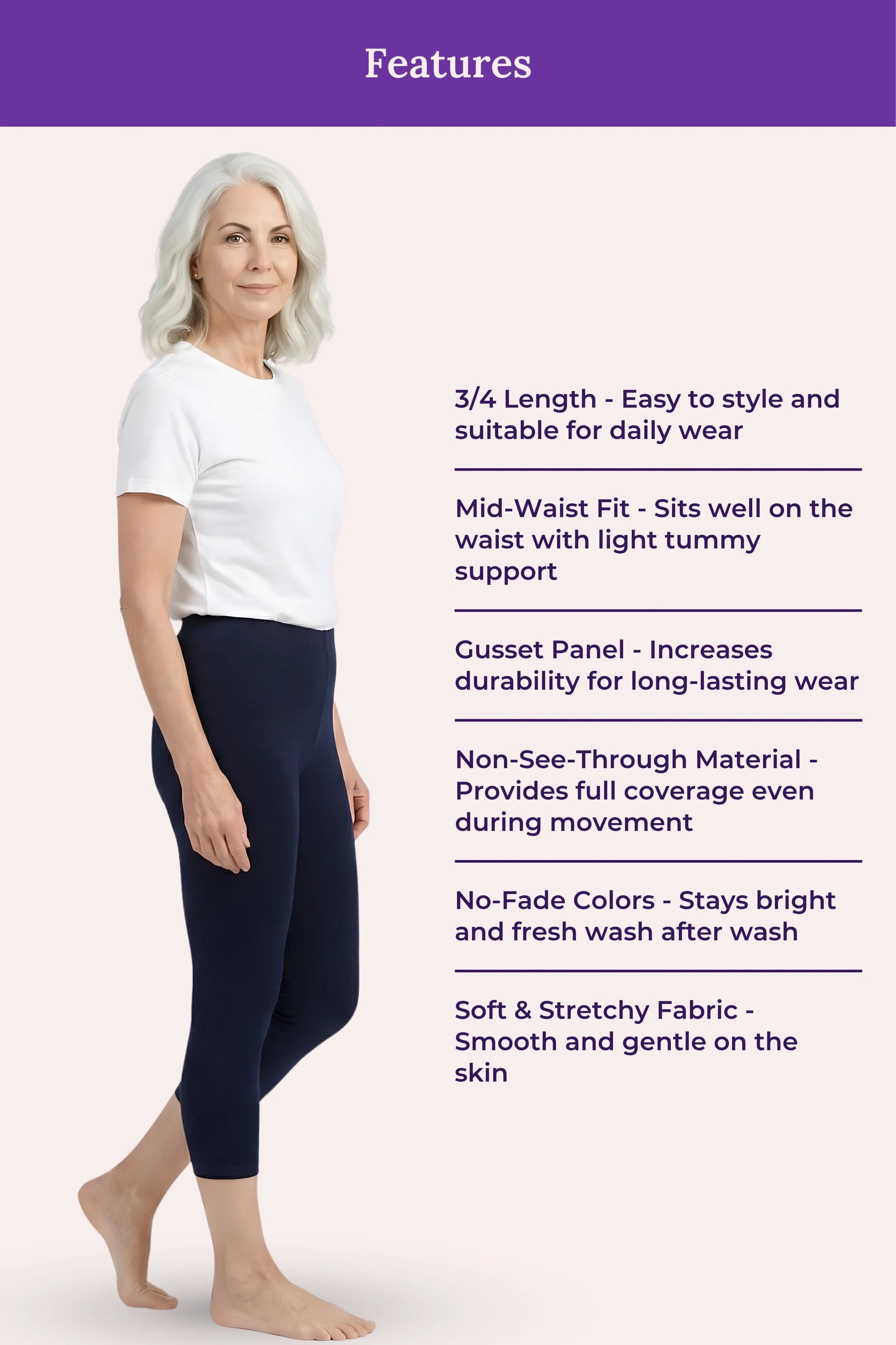 A woman modeling navy blue leggings with a white t-shirt, shown against a pale pink background with a purple header that reads 'Features' and lists product benefits.