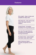 A feature showing a woman modeling black 3/4th-length leggings against a pale pink background, with a purple header reading 'Features' and a list of product attributes on the right.