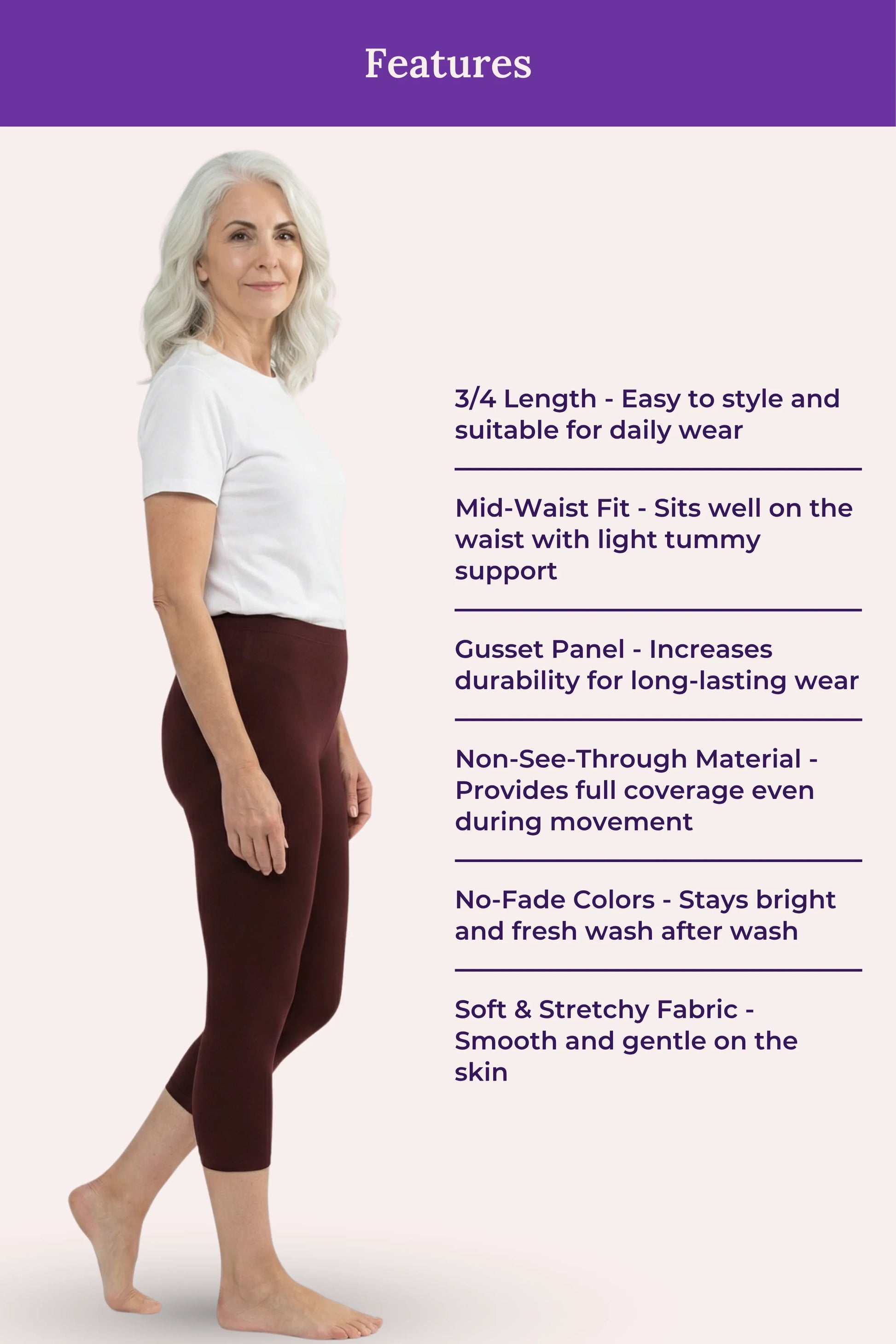 A woman modeling brown cropped leggings on a light beige background with a purple header that reads 'Features' and lists product attributes such as 3/4 length, mid-waist fit, Gusset Panel, non-see-through material, no-fade colors, and soft stretchy fabric.