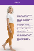 A women's leggings featuring a side-profile photo of a woman wearing mustard yellow mid-thigh leggings and a white t-shirt against a pale pink background, with a purple header reading 'Features' and a list of product benefits on the right.