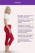 A woman modeling dark pink mid-thigh leggings stands in profile against a pale pink background, with a purple header reading 'Features' and a list of product benefits beside her.