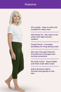 A woman modeling green mid-thigh leggings on a light pink background with a purple header reading 'Features' and a list of product benefits beside her.