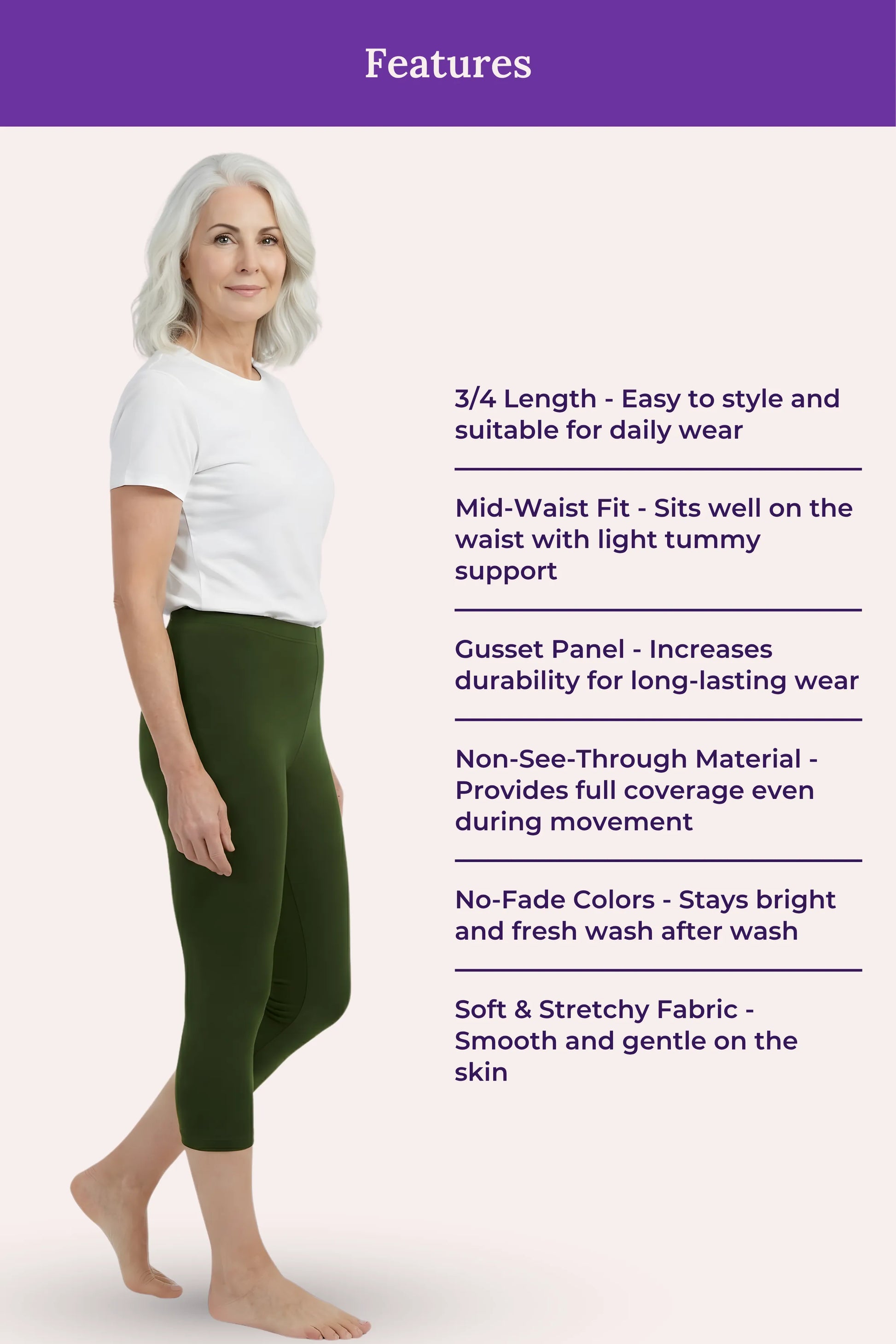 A woman modeling green mid-thigh leggings on a light pink background with a purple header reading 'Features' and a list of product benefits beside her.