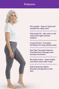 A woman modeling gray cropped leggings with a white top, shown in profile against a pale pink background with a purple 'Features' header and a list of product benefits on the right.
