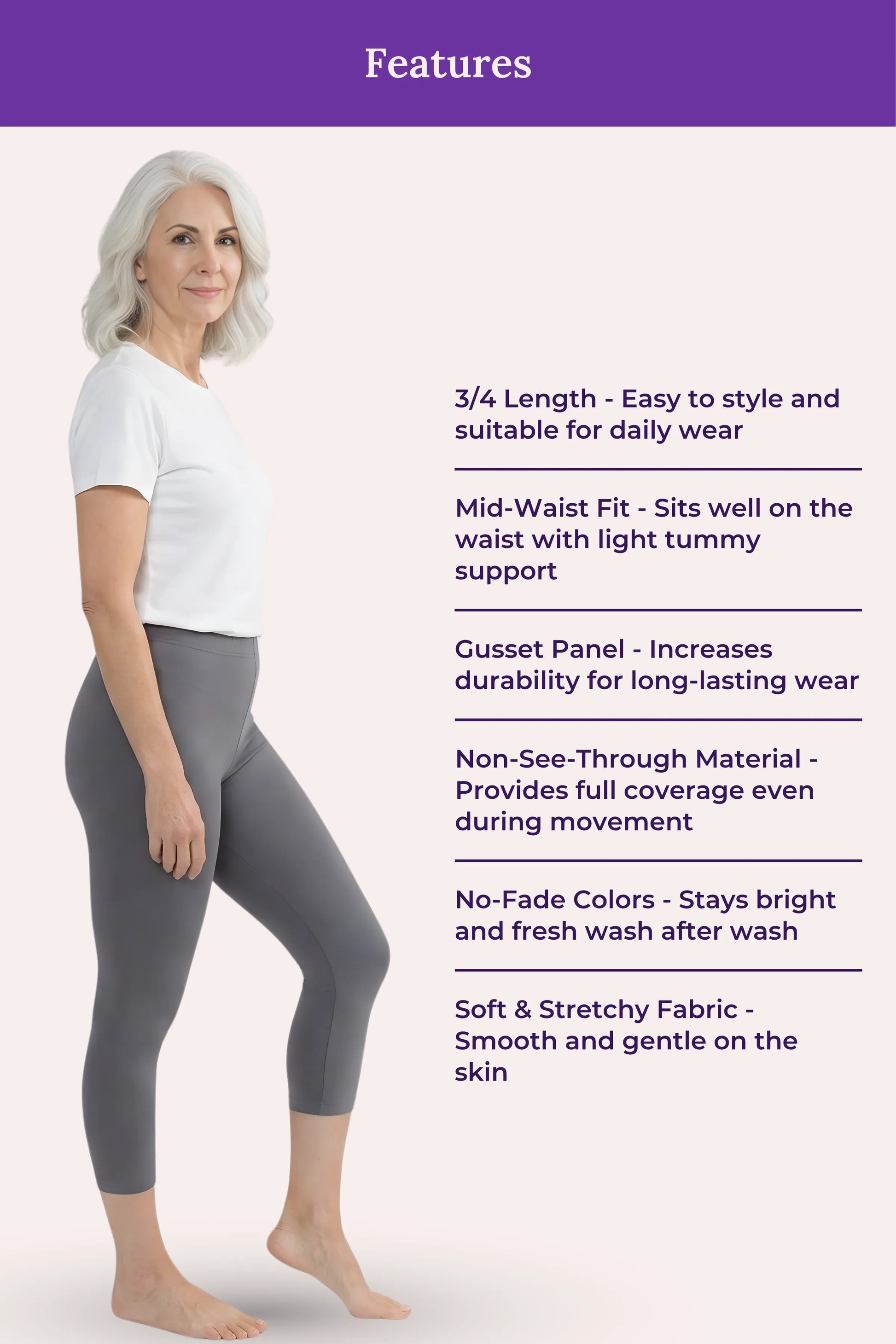 A woman modeling gray cropped leggings with a white top, shown in profile against a pale pink background with a purple 'Features' header and a list of product benefits on the right.