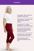 A woman modeling capri leggings with a white t-shirt, shown on a light pink background with a purple 'Features' header and a list of product benefits.