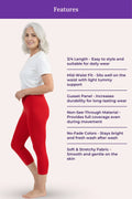 A woman modeling red capri leggings on a pale pink background with a purple header reading 'Features' and a list of product benefits beside her.