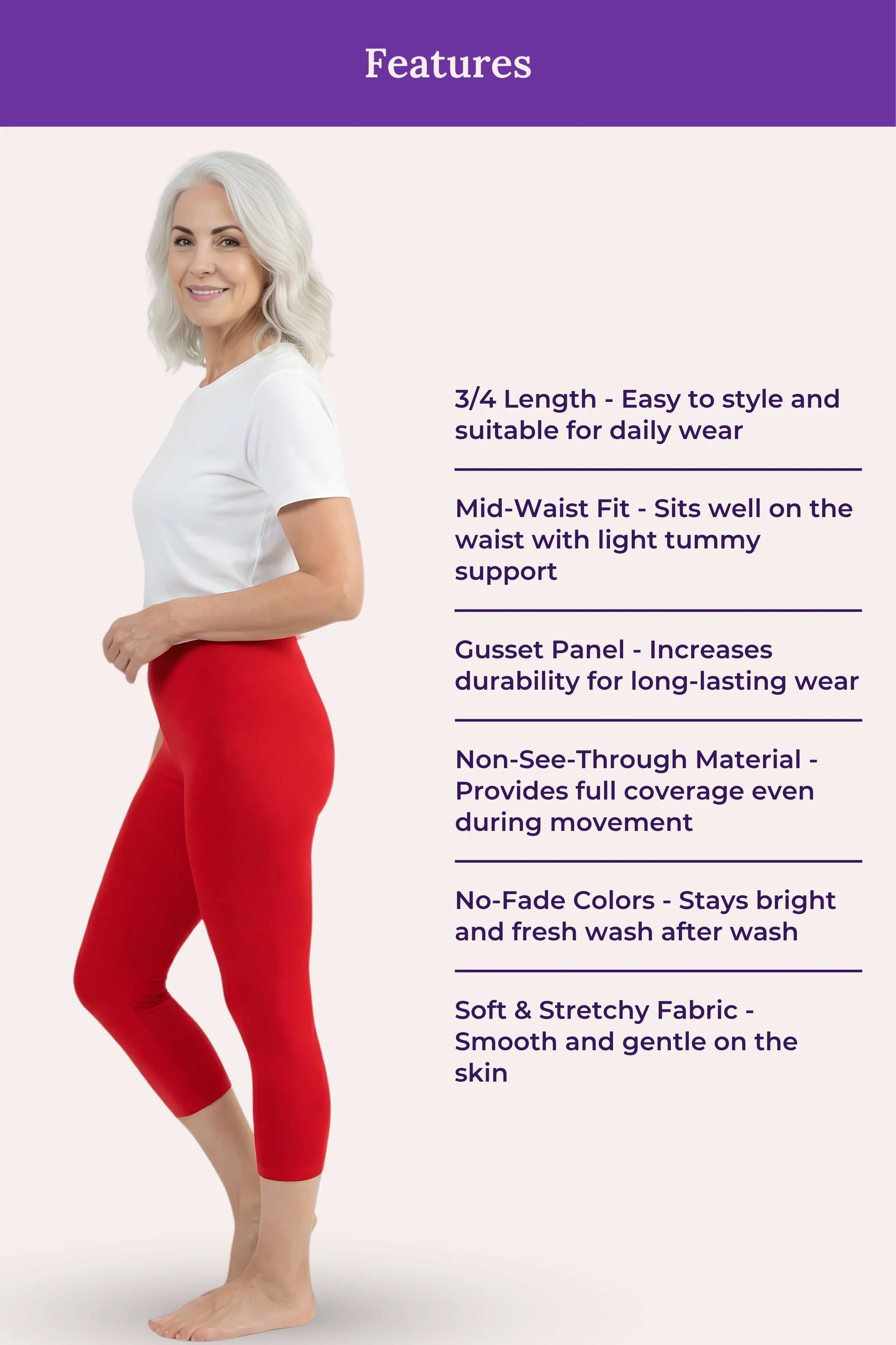 A woman modeling red capri leggings on a pale pink background with a purple header reading 'Features' and a list of product benefits beside her.