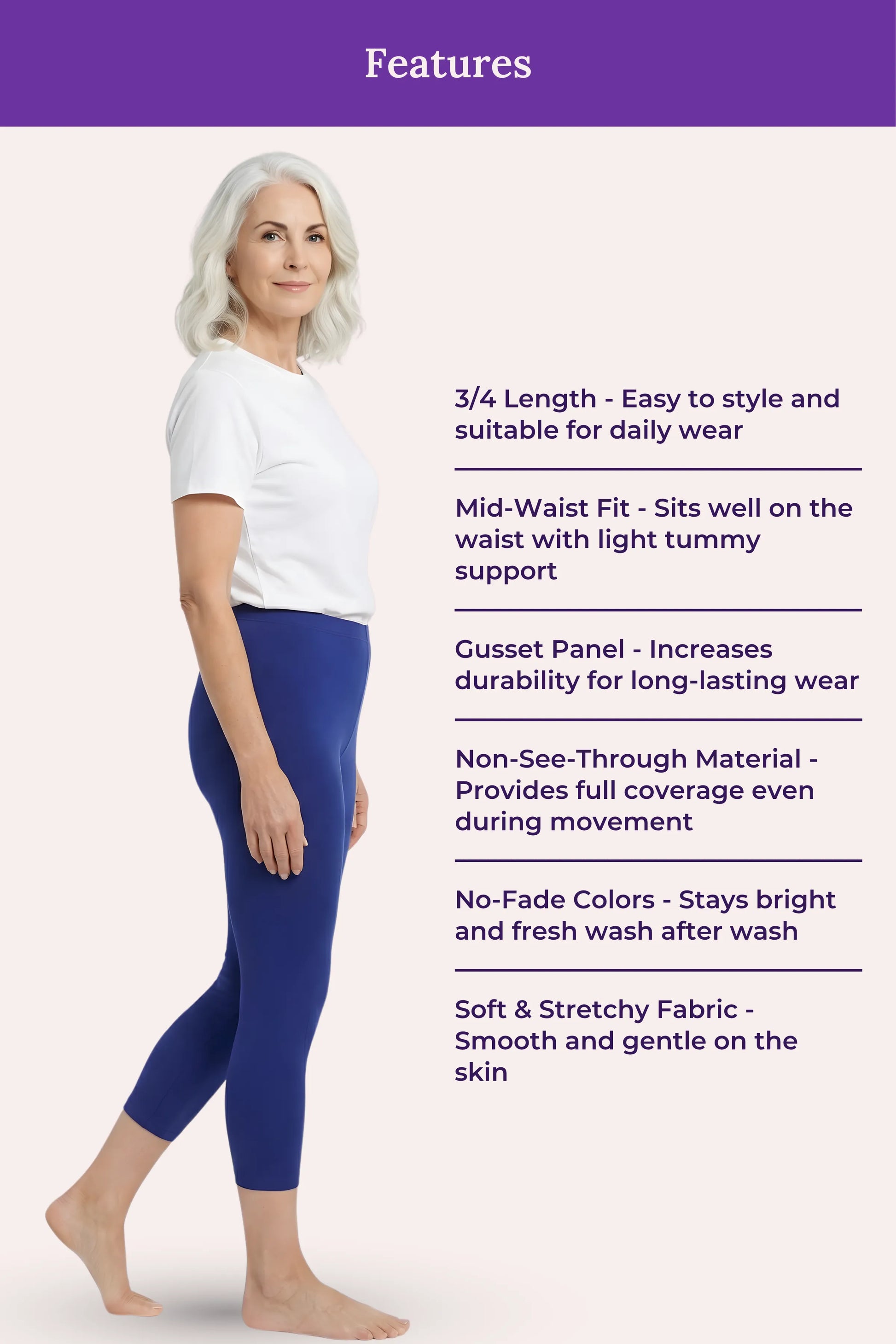A woman modeling blue leggings with a white top on a pale pink background, next to a 'Features' text panel describing the leggings' attributes.