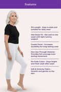A woman modeling white capri leggings with a black top, shown on a light pink background with a purple header reading 'Features' and a list of product benefits.