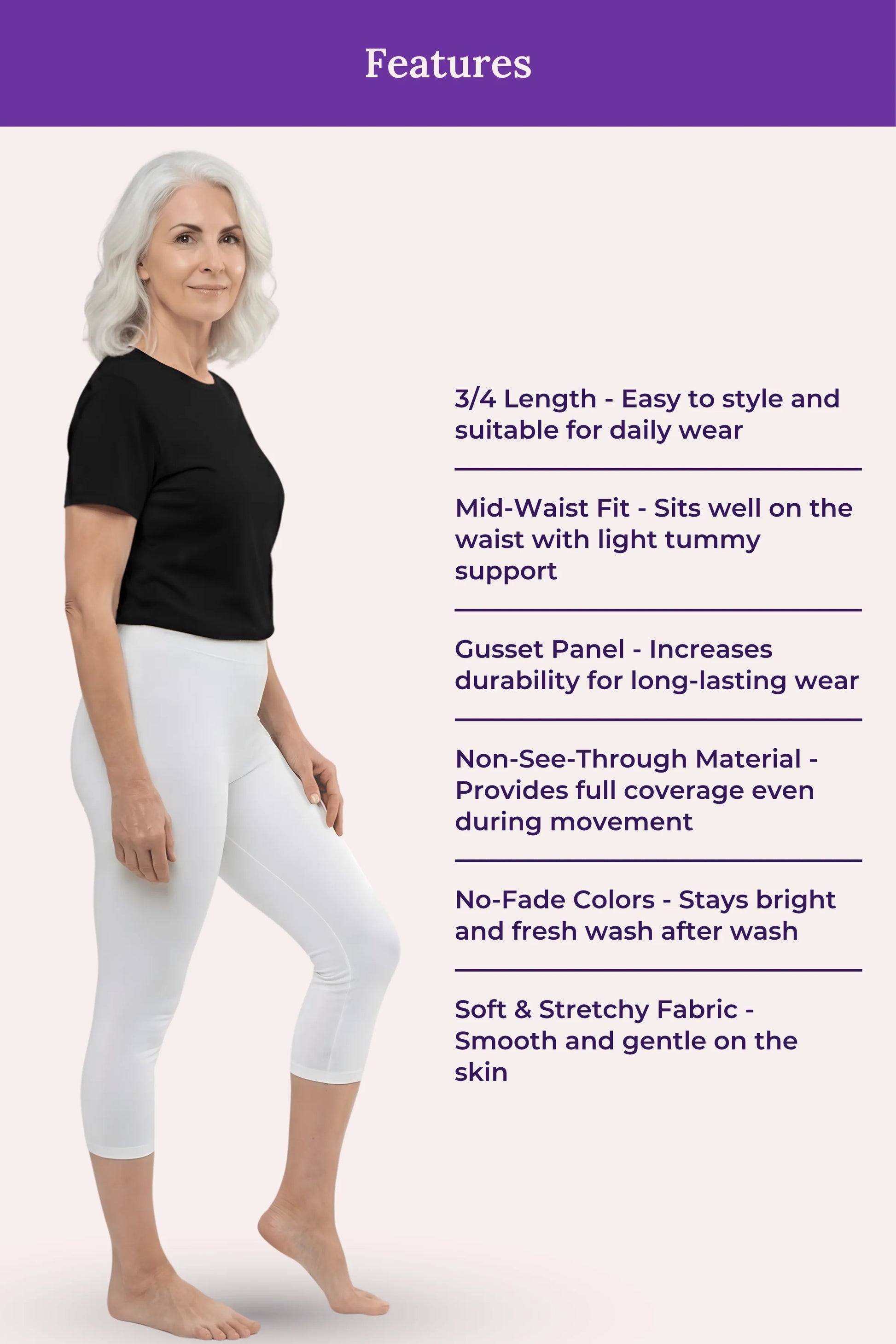 A woman modeling white capri leggings with a black top, shown on a light pink background with a purple header reading 'Features' and a list of product benefits.