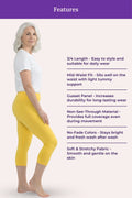 A women's capri leggings showing a woman in side profile wearing bright yellow leggings and a white T-shirt against a pale pink background, with a purple header reading 'Features' and a list of product benefits on the right.