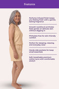 A woman modeling a cream sleeveless mini dress against a pale background, with a purple header reading 'Features' and a list of product benefits beside her.