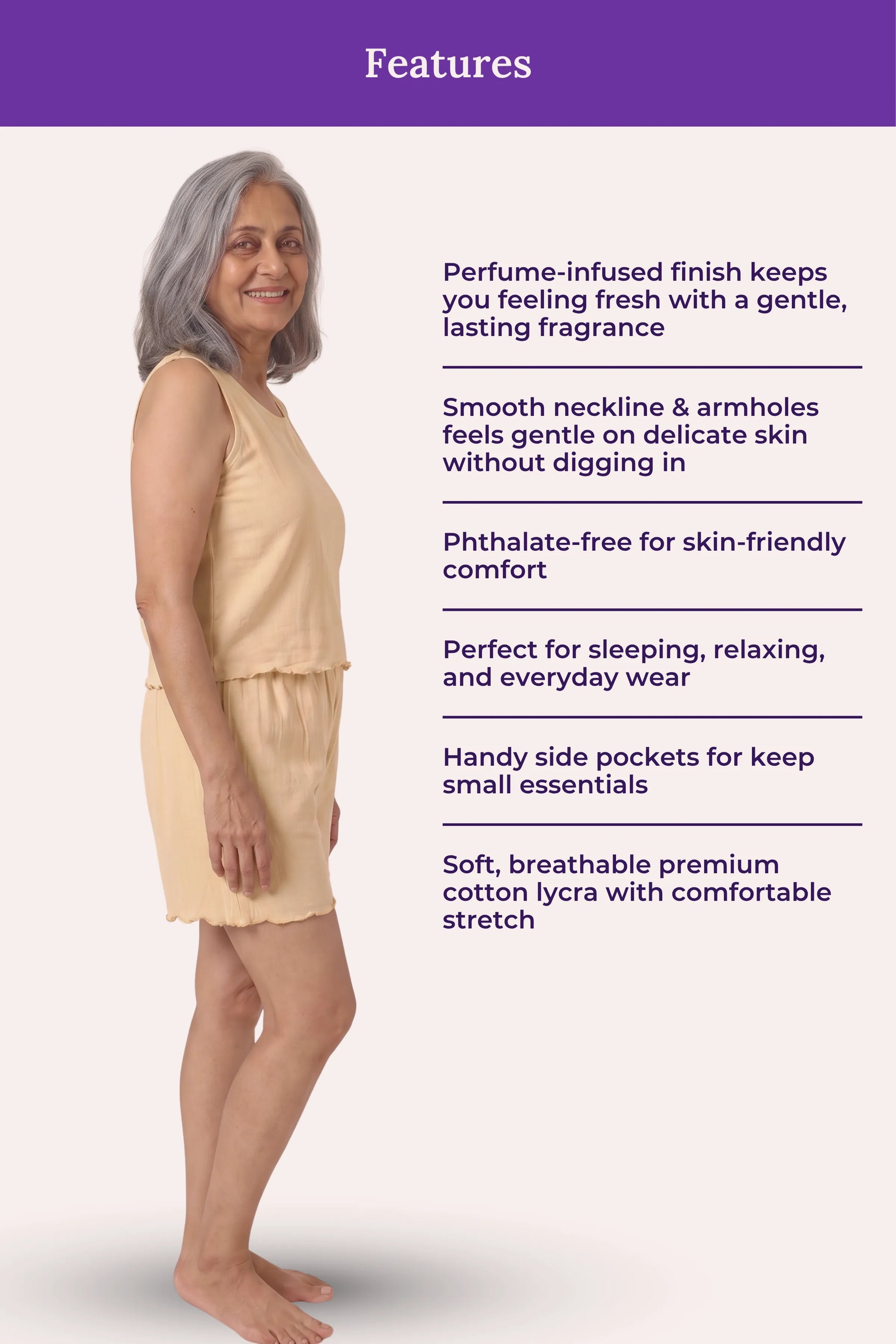 A woman modeling a cream sleeveless mini dress against a pale background, with a purple header reading 'Features' and a list of product benefits beside her.