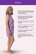A woman modeling a lavender purple sleeveless cotton lycra dress against a pale pink background, with a purple 'Features' header and text listing product benefits.