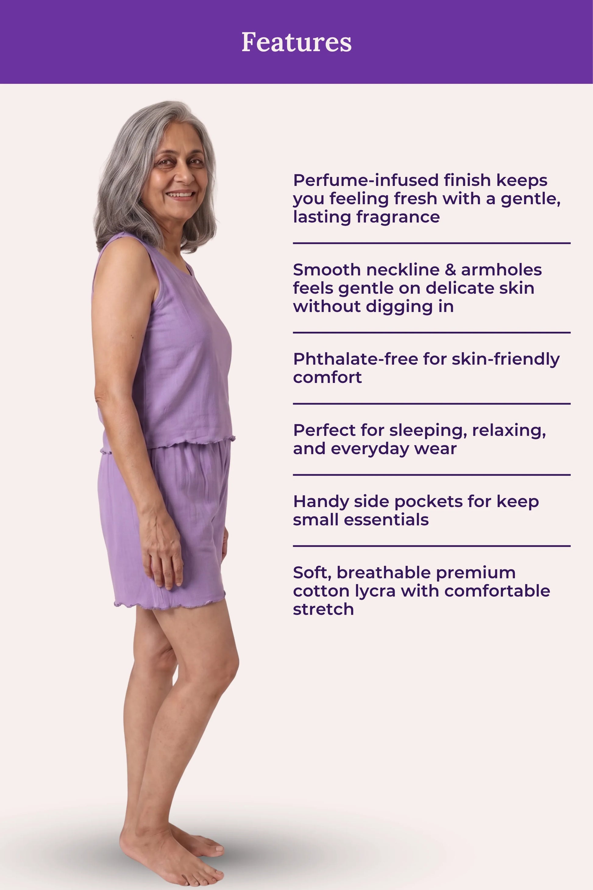 A woman modeling a lavender purple sleeveless cotton lycra dress against a pale pink background, with a purple 'Features' header and text listing product benefits.