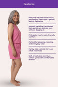 A woman modeling a pink sleeveless mini dress against a pale background, with a purple header reading 'Features' and a list of product benefits beside her.