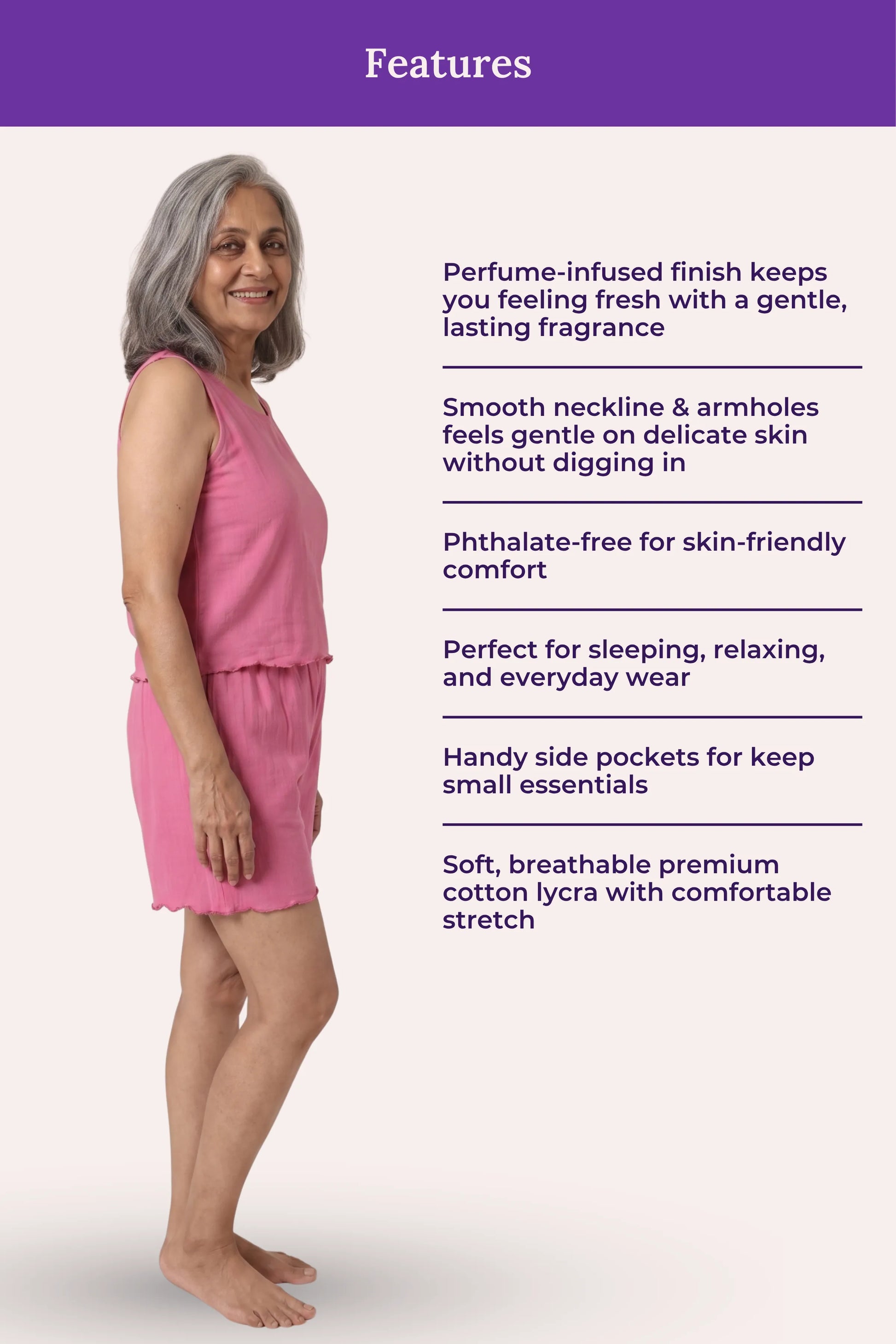 A woman modeling a pink sleeveless mini dress against a pale background, with a purple header reading 'Features' and a list of product benefits beside her.
