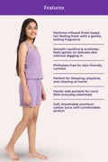 A girl modeling a light purple cotton lycra dress against a pale pink background, with a purple header reading 'Features' and a list of product benefits beside her.