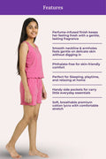 A girl modeling a pink set against a pale background, with a purple 'Features' banner and descriptive text listing product benefits.