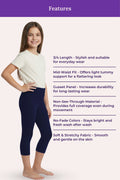 Teen Girls wearing navy leggings with product features listed on a white background