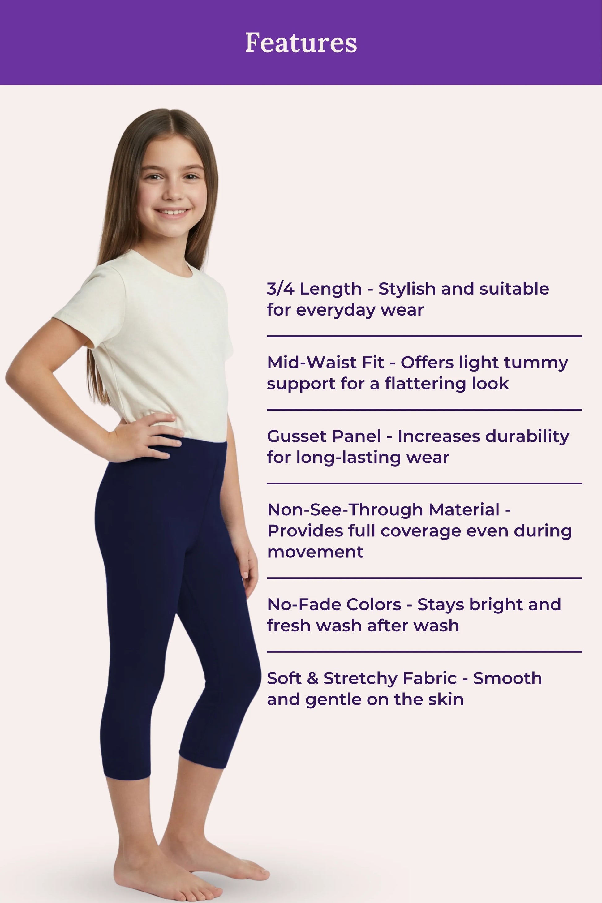 Teen Girls wearing navy leggings with product features listed on a white background