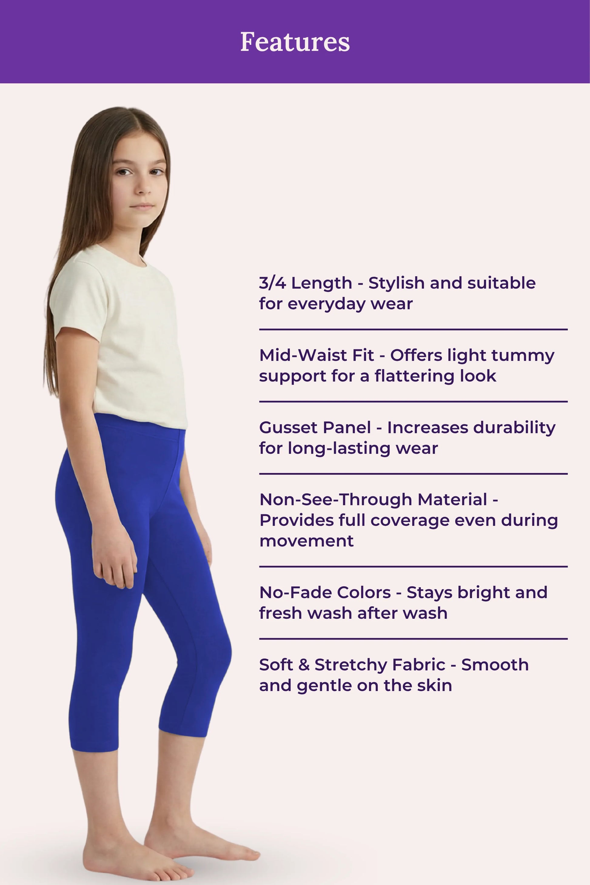 Teens girls  wearing blue leggings with product features - blue 