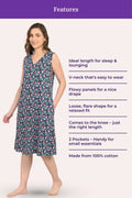 Woman wearing a black floral nightgown with features listed on a white background