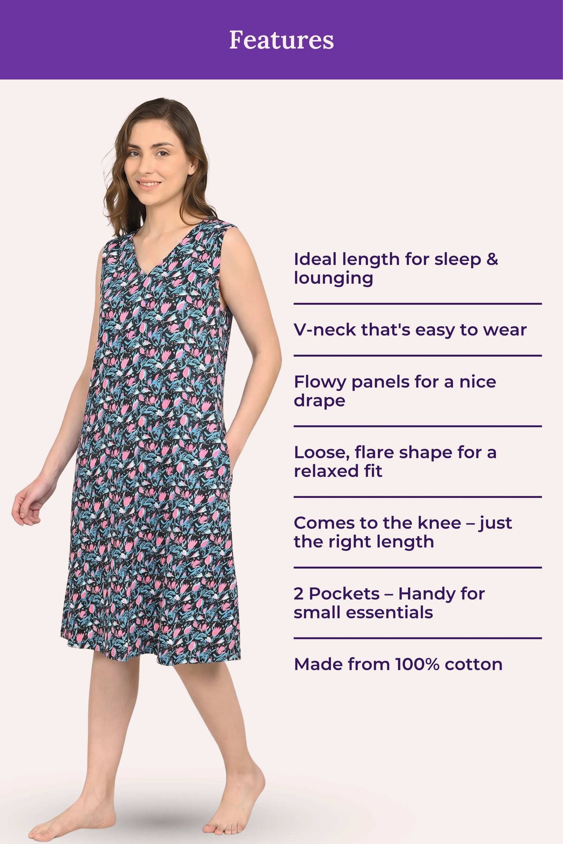 Woman wearing a black floral nightgown with features listed on a white background