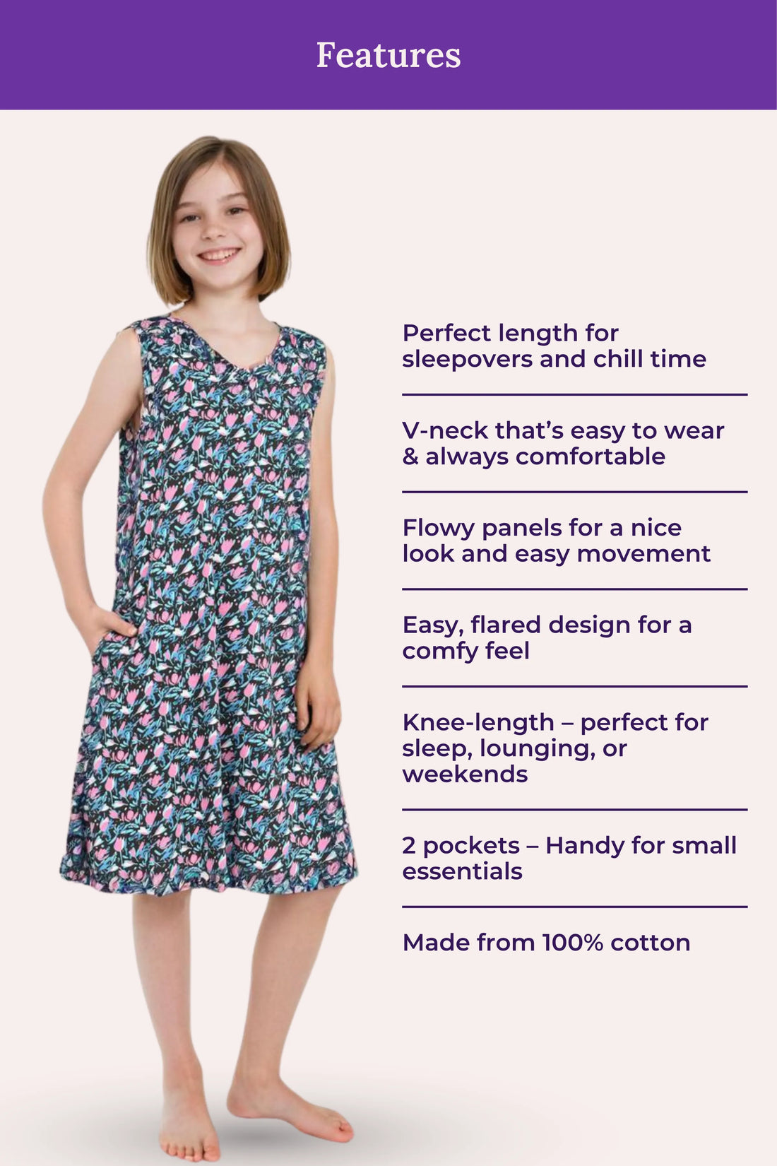 Easy Flare Teens Nighty | V Neck | Fit & Flare Silhouette | Roomy For Comfort | Knee Length | With 2 Pockets