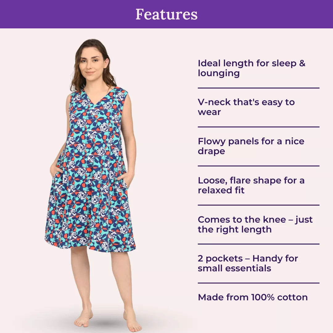 Woman wearing a v neck cotton nighty blue floral
