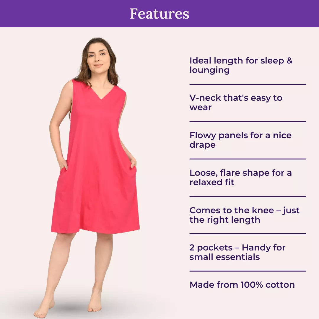 Woman wearing a dark pink v neck cotton nighty
