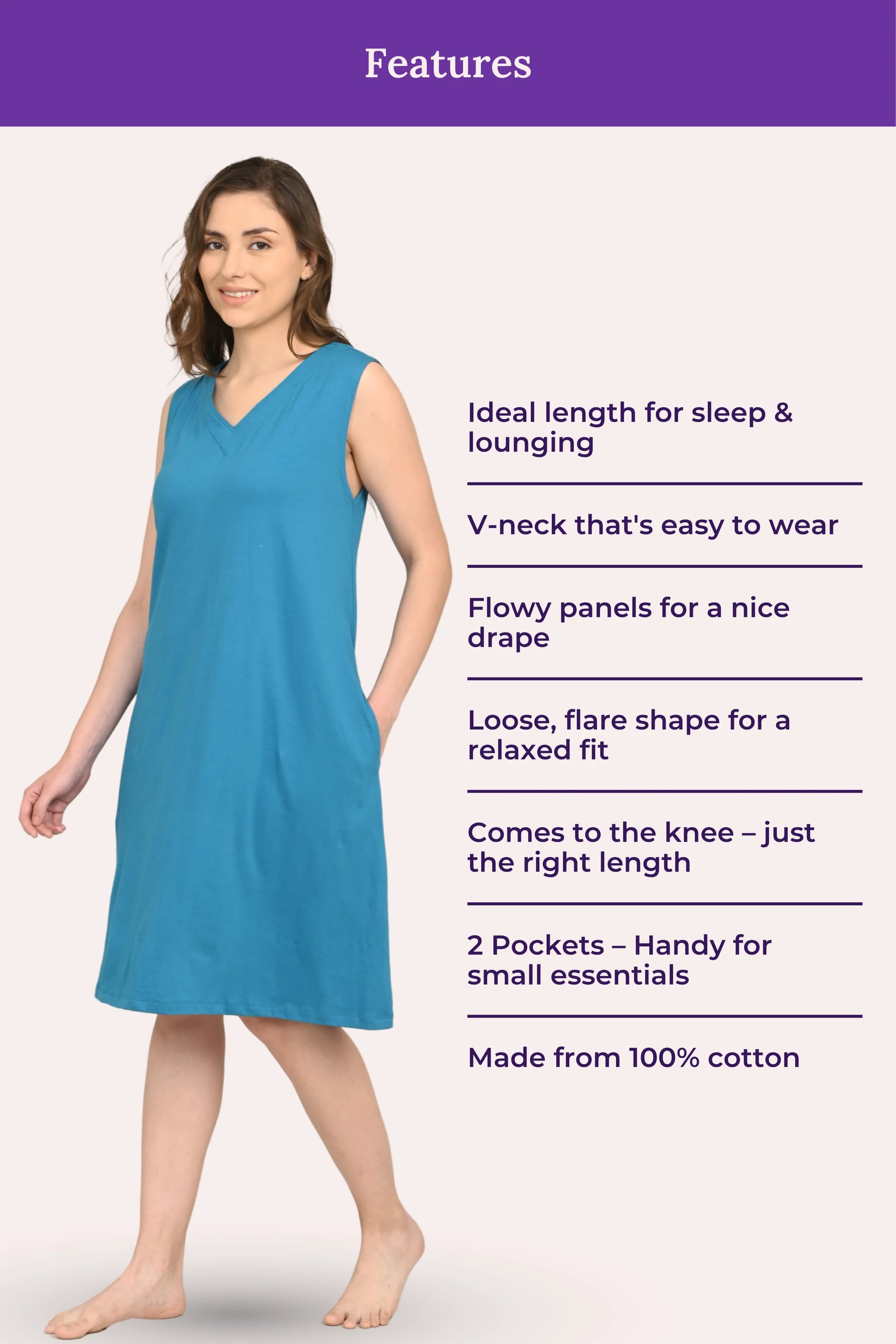 Cotton Nighty With Pockets | Knee-Length In Blue | Adira Cotton Nighty With Pockets | Knee-Length In Blue | Adira